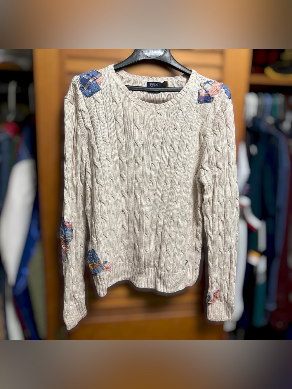 Polo Ralph Lauren Patchwork Cable Knit Sweater Pullover Preppy Ivory Womens XXL